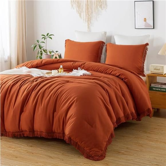Terracotta Comforter Set King, 3 Pieces Burnt Orange Boho Tassel Lightweight